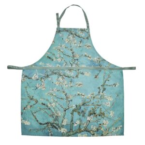 Het VanGogh Blossom-schort in blauw is een turquoise schort met een amandelbloesemmotief en groen-wit gestreepte banden.