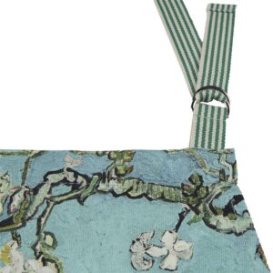 Het Van Gogh Blossom-schort in blauw heeft een groen-wit bloemenpatroon op een lichtblauwe achtergrond, met een gestreepte band en een metalen ring.