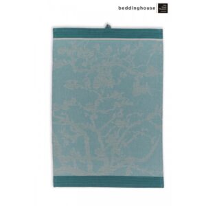 De Van Gogh Fleurir theedoek Blue is een blauw-grijze theedoek met een subtiel motief van takjes en bloesems en blauwe randen, met het Beddinghouse-logo rechtsboven.