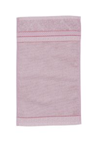 De Pip Studio Soft Zellige-set met gastendoekjes in lila bestaat uit rechthoekige lichtroze handdoekjes met paarse sierlijke randen.