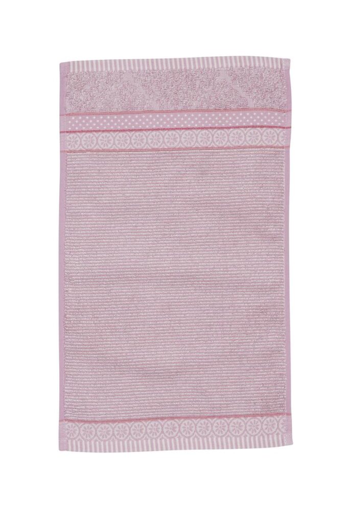 De Pip Studio Soft Zellige-set met gastendoekjes in lila bestaat uit rechthoekige lichtroze handdoekjes met paarse sierlijke randen.