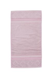 Drie Pip Studio Soft Zellige-handdoeken in de kleur lila, in het formaat 55 x 100 cm, met subtiele decoratieve patronen langs de randen.