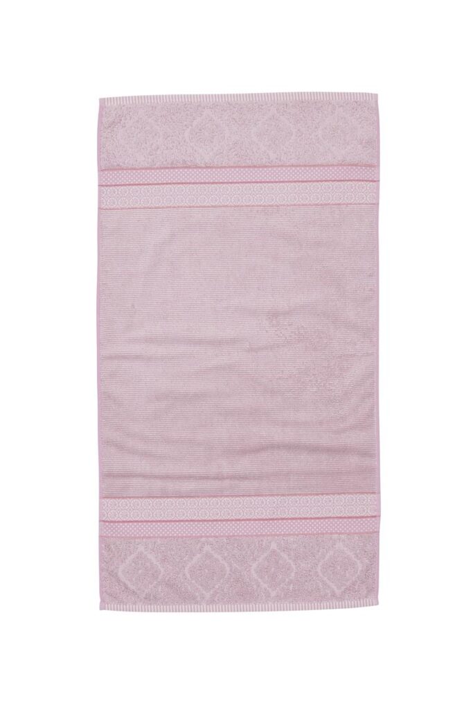 Drie Pip Studio Soft Zellige-handdoeken in de kleur lila, in het formaat 55 x 100 cm, met subtiele decoratieve patronen langs de randen.