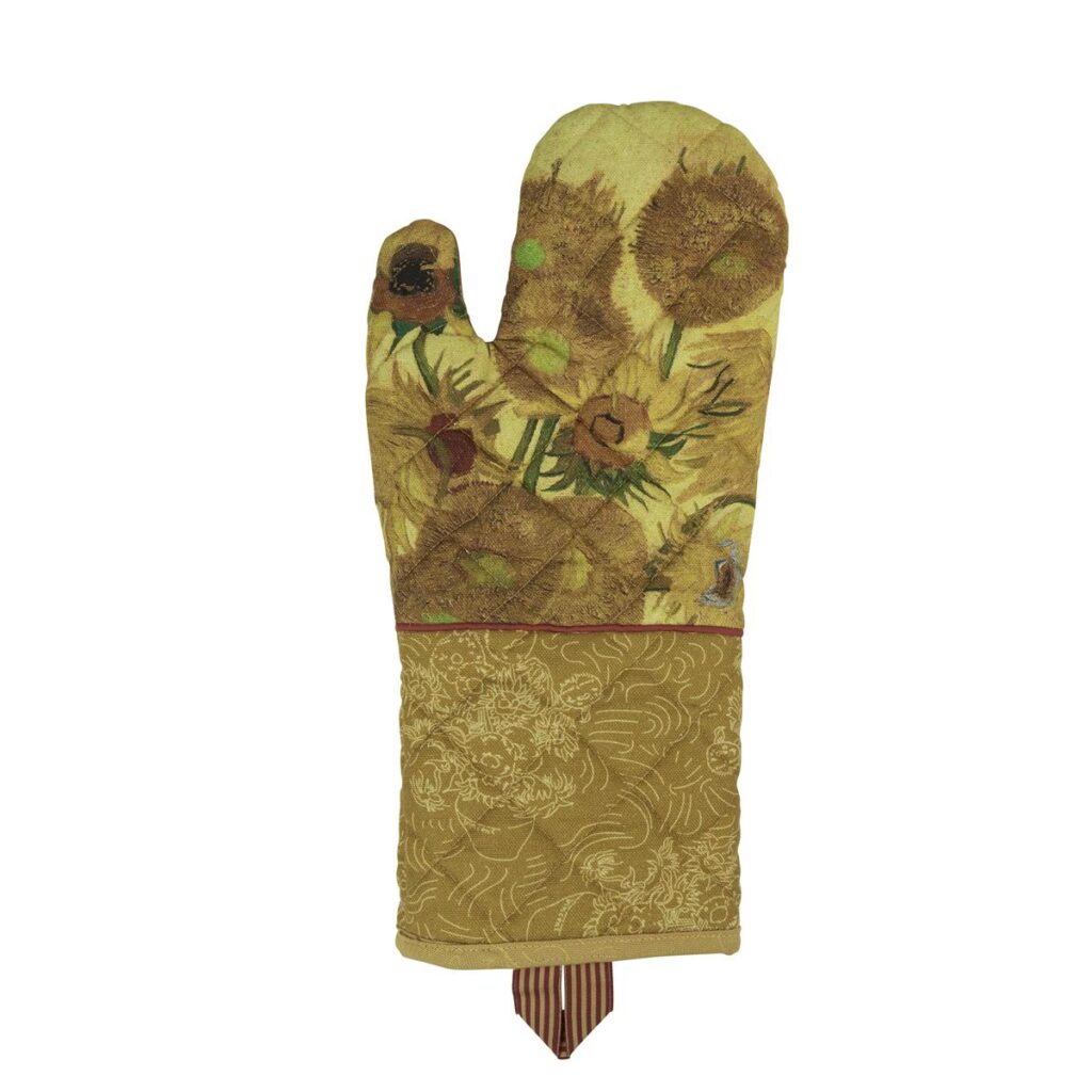 De Van Gogh Sunflower Ovenwant Yellow heeft een geel ontwerp met een zonnebloempatroon en een bruin-wit gestreept lusje aan de onderkant.