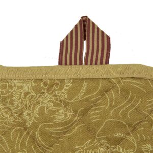 De Van Gogh Zonnebloem ovenwant in geel met gewatteerde zandkleurige stof, subtiel borduurwerk en een bruin-beige ophanglus.