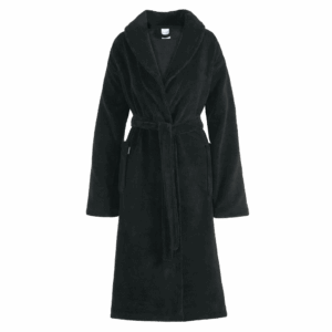 De Vandyck Beaumont-jas in off-black heeft een luxe uitstraling met een sjaalkraag, lange mouwen, zakken en een stoffen riem.