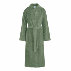 De Vandyck Kyoto-badjas olive S is een saliegroene badjas met lange mouwen, een sjaalkraag, twee steekzakken en een bijpassende ceintuur.