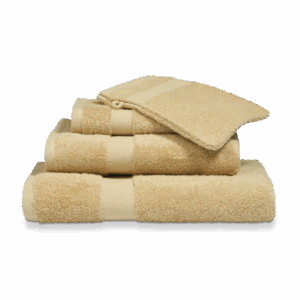 Een keurig opgestapelde set Vandyck Prestige Washandset Beach-handdoekjes met een subtiele, gestructureerde randafwerking.