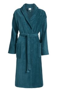 De Vandyck Prestige effen badjas van vervaagde denim in maat XS in de kleur teal is gemaakt van zacht materiaal, heeft lange mouwen, voorzakken, een sjaalkraag en een ceintuur.