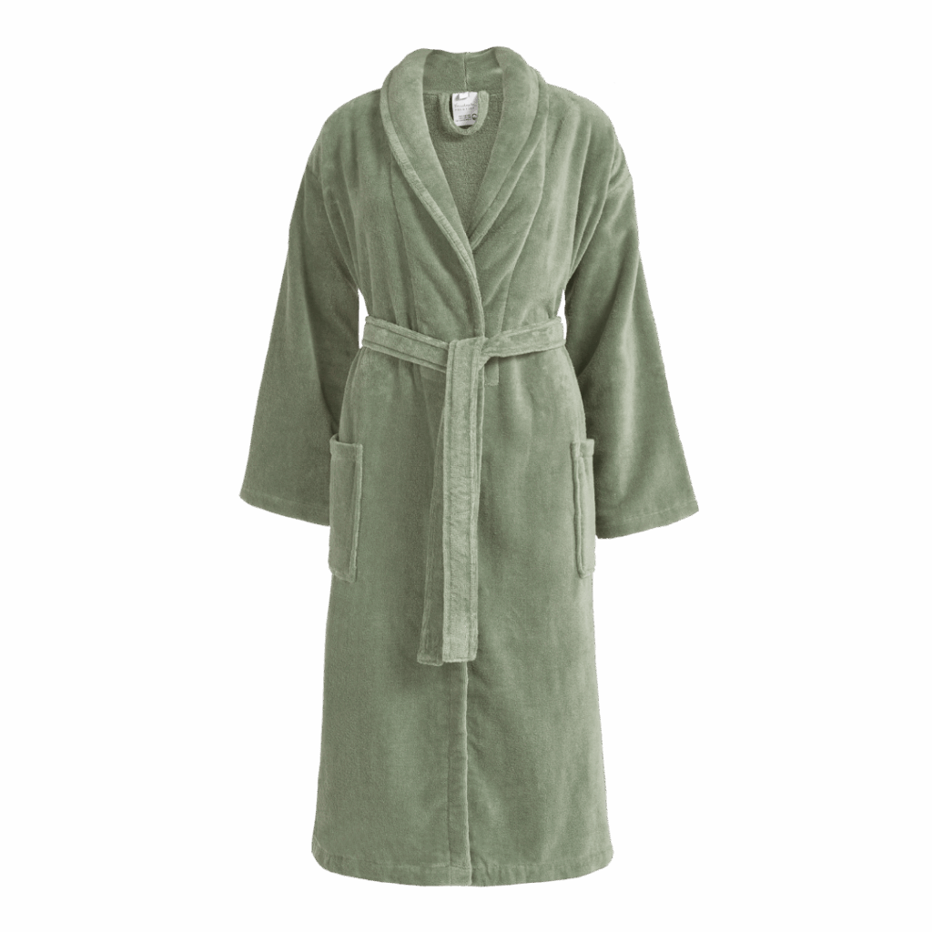 De Vandyck Prestige uni smoke green L-badjas is gemaakt van zachte badstof en heeft lange mouwen, twee zakken, een sjaalkraag en een ceintuur.