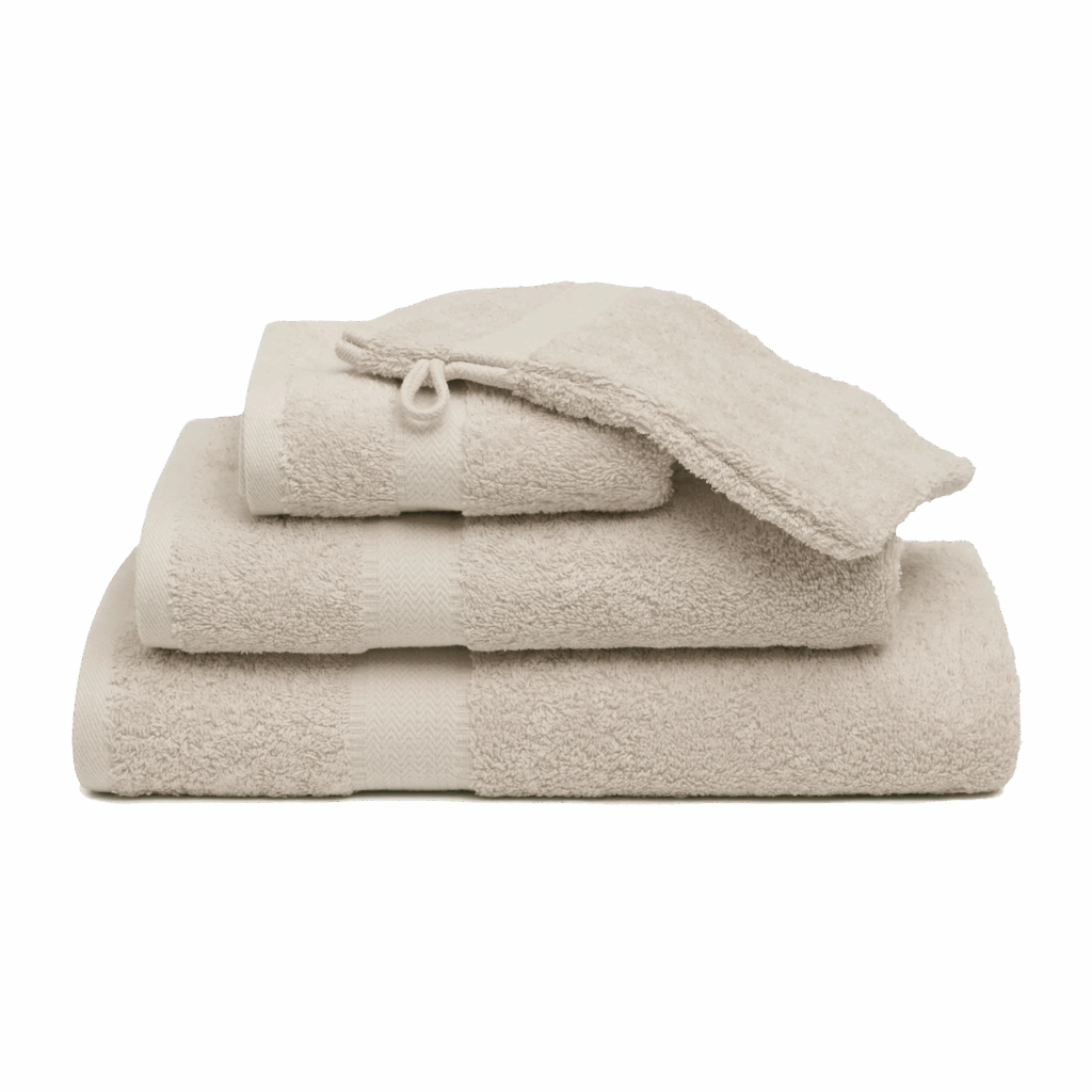 Zes steenkleurige Vandyck Prestige-washandjes zijn netjes opgestapeld van groot naar klein voor een verzorgde uitstraling.