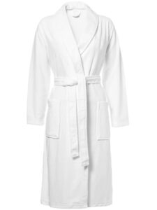 De Vandyck Prestige uni white XS is een witte badjas met lange mouwen, een sjaalkraag, twee steekzakken en een bijpassende ceintuur.