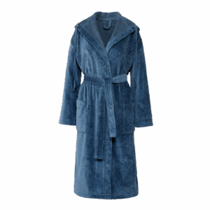 De Vandyck Rio badjas van vervaagde denim in maat M heeft een blauwe pluche-look, een capuchon, lange mouwen, twee zakken en een ceintuur.