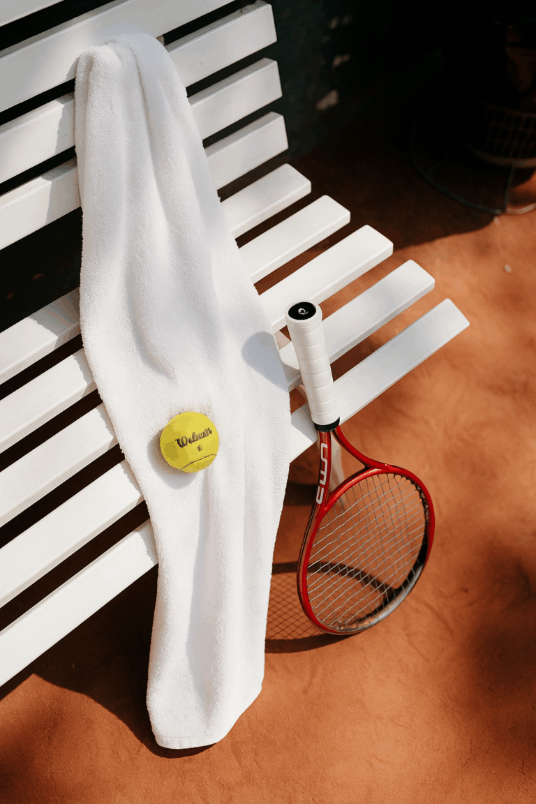 Op een gravelbaan liggen een tennisracket en een gele bal op een bankje, met daar soepel overheen de beste sporthanddoek.