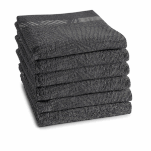 Zes DDDDD Keukendoek Barrier Grey-handdoeken liggen netjes opgestapeld en hebben een donkergrijze, gestructureerde uitstraling.