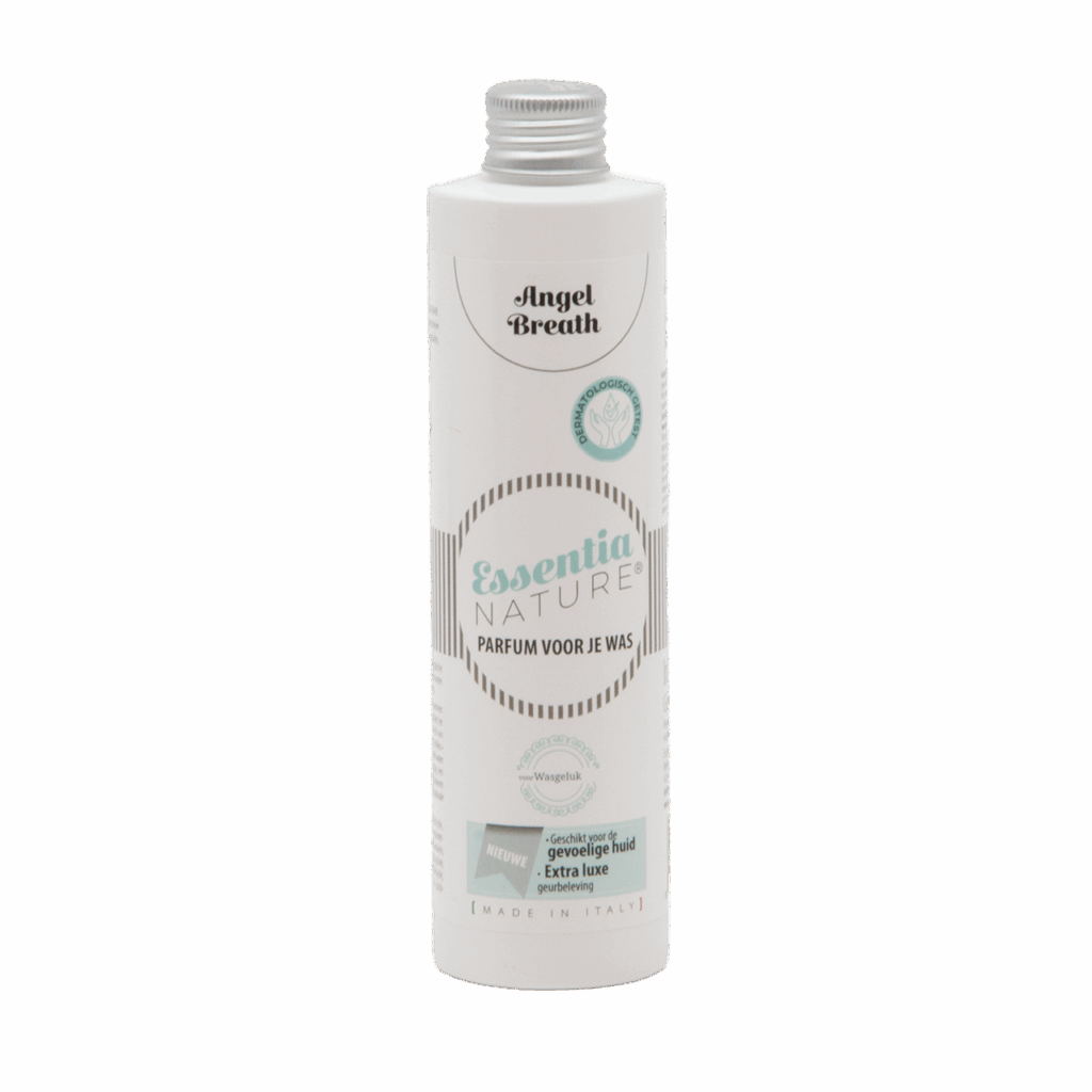 Essentia Wasparfum Angel Breath 250 ml is een wasparfum voor de gevoelige huid, verpakt in een witte fles met een zilveren dop en een minimalistisch ontwerp.
