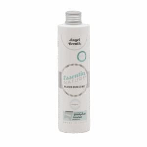 Essentia Wasparfum Angel Breath 250 ml is een wasparfum voor de gevoelige huid, verpakt in een witte fles met een zilveren dop en een minimalistisch ontwerp.