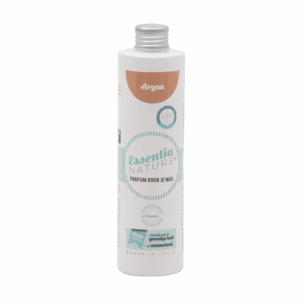 Essentia Wasparfum Argan 250 ml is een fles wasparfum met argangeur, een Nederlandstalig etiket en een schroefdop, geschikt voor de gevoelige huid.
