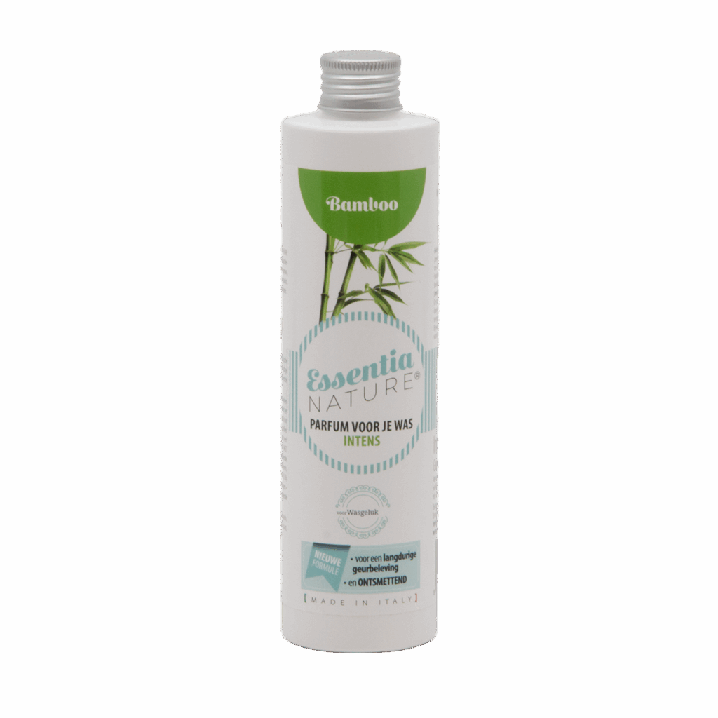 Essentia Wasparfum Bamboo wasgeur in een fles met groene dop en bamboedesign, vervaardigd in Italië met bamboegeur.