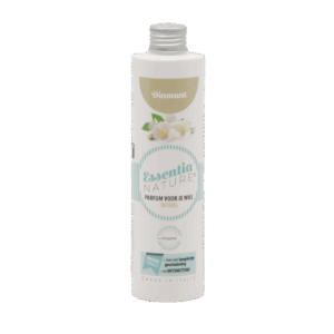 Essentia Wasparfum Diamant is een witte fles van 250 ml met een zilveren dop, versierd met witte bloemen en een strak ontwerp.