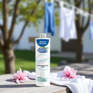 Op een buitentafel staat Essentia Wasparfum Blauwe Bloesem met een blauw etiket, te midden van roze bloemen en wapperende was.