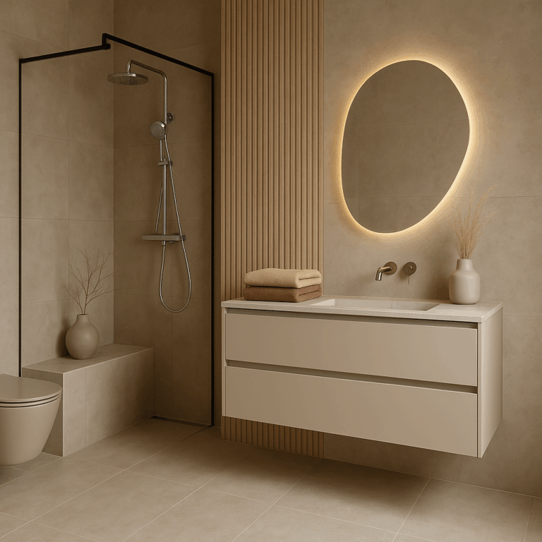 Sfeervolle, moderne badkamer in Vandyck-kleuren met beige tinten, inloopdouche, hangend meubel en elegante details.