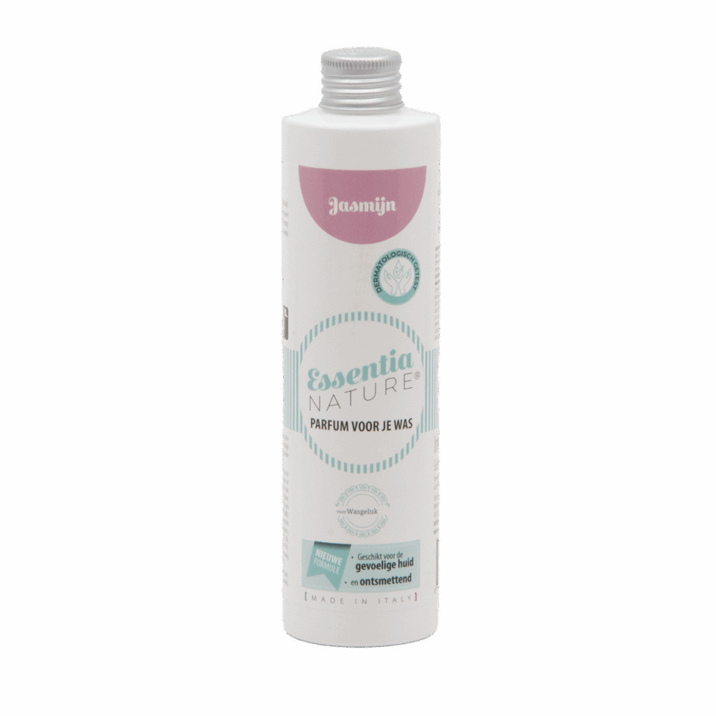 Essentia Wasparfum Jasmijn is een fles van 250 ml met blauwgroene en roze accenten, een Nederlands etiket en geschikt voor de gevoelige huid.