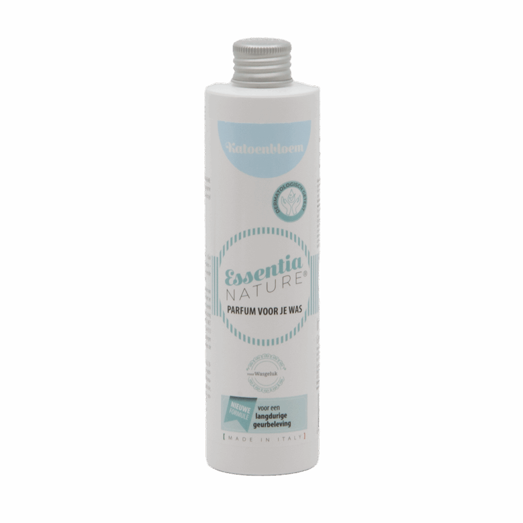 De Essentia-wasparfumfles met katoenbloemgeur heeft een zilverkleurige dop en een lichtblauw Nederlands etiket met een frisse katoenbloemgeur.
