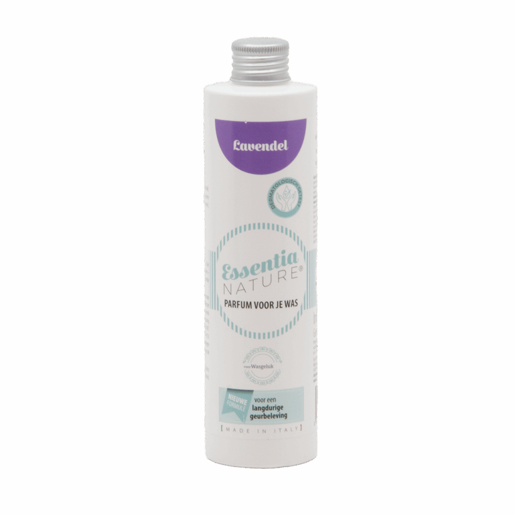 Essentia Wasparfum Lavendel 250 ml met paarse dop, groen bladicoon en lavendel op het etiket voor een rustgevende lavendelgeur.