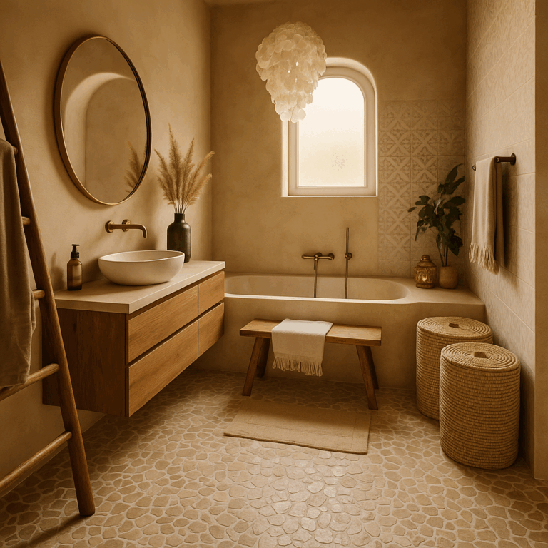 Deze warme, moderne badkamer in de Vandyck-kleuren is voorzien van een zwevend wastafelmeubel van hout, een ronde spiegel, een vrijstaand bad, pampasgras en zacht invallend licht.