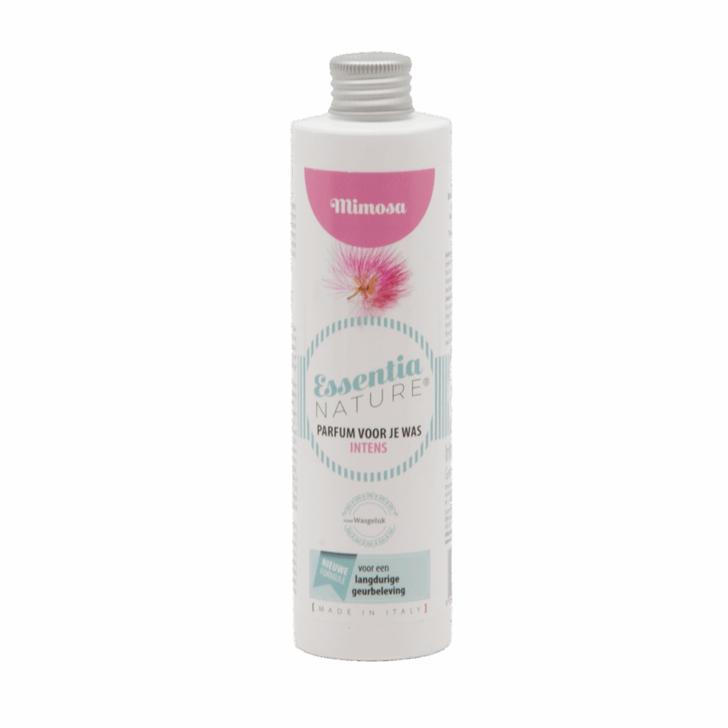 Essentia Wasparfum Mimosa 250 ml zit in een elegante fles met een roze bloemenillustratie en blauwe en roze accenten op het etiket.