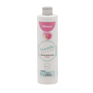 Essentia Wasparfum Mimosa 250 ml zit in een elegante fles met een roze bloemenillustratie en blauwe en roze accenten op het etiket.