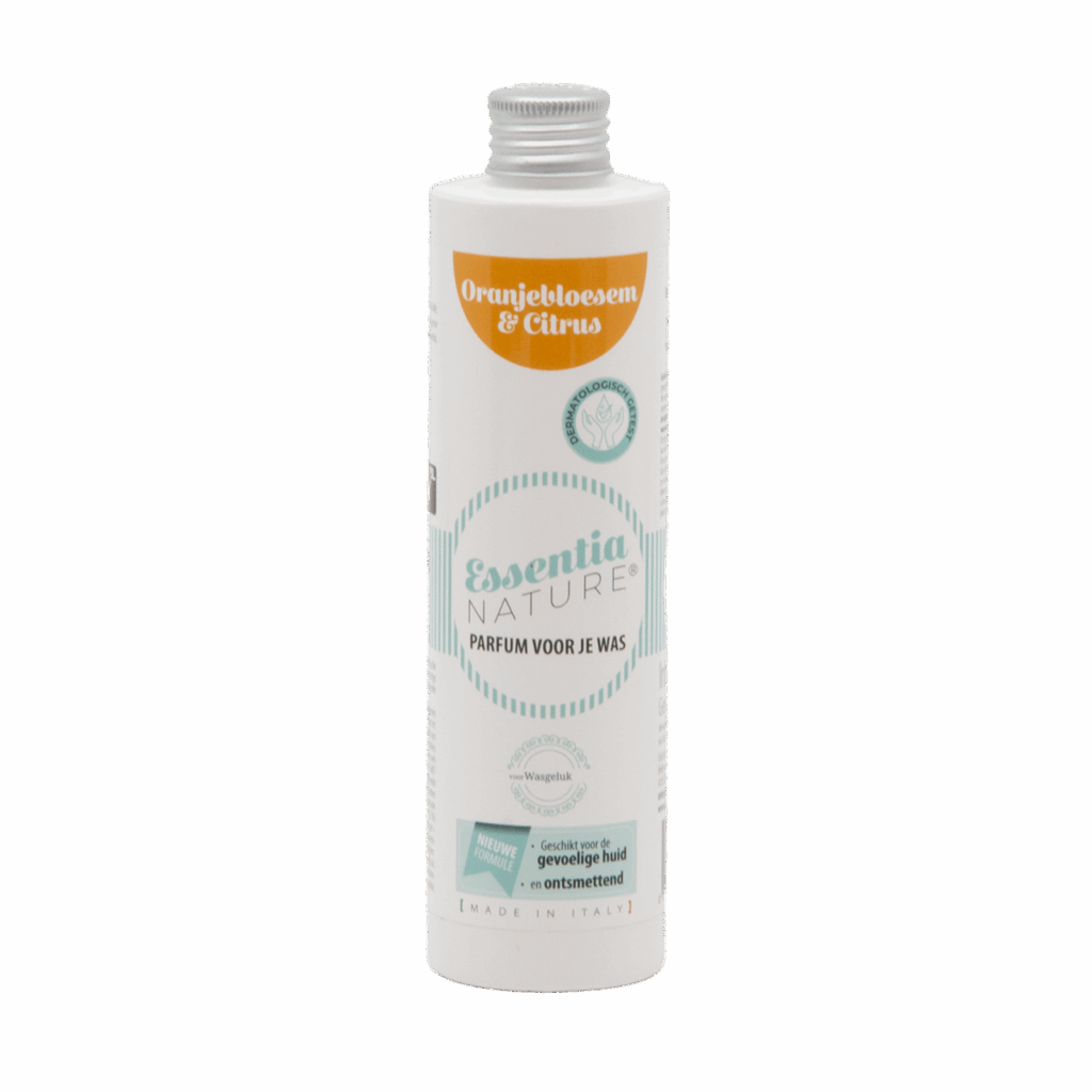 Essentia Wasparfum Oranjebloesem & Citrus 250 ml heeft een oranje etiket met groene accenten en is geschikt voor de gevoelige huid.