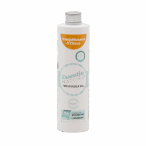 Essentia Wasparfum Oranjebloesem & Citrus 250 ml heeft een oranje etiket met groene accenten en is geschikt voor de gevoelige huid.