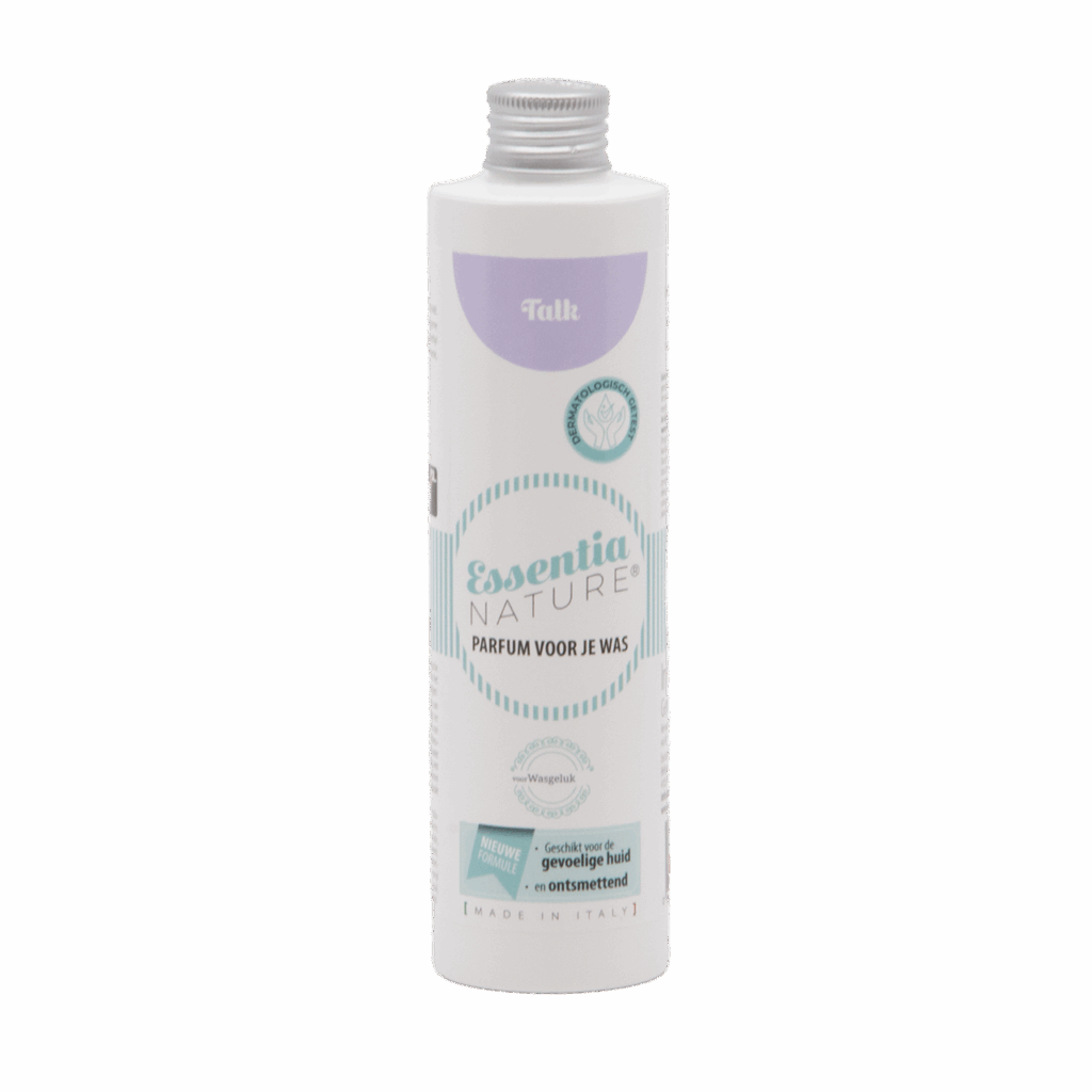 De Essentia Wasparfum Talk-fles van 250 ml heeft lichtblauwe en paarse accenten en is geschikt voor de gevoelige huid.