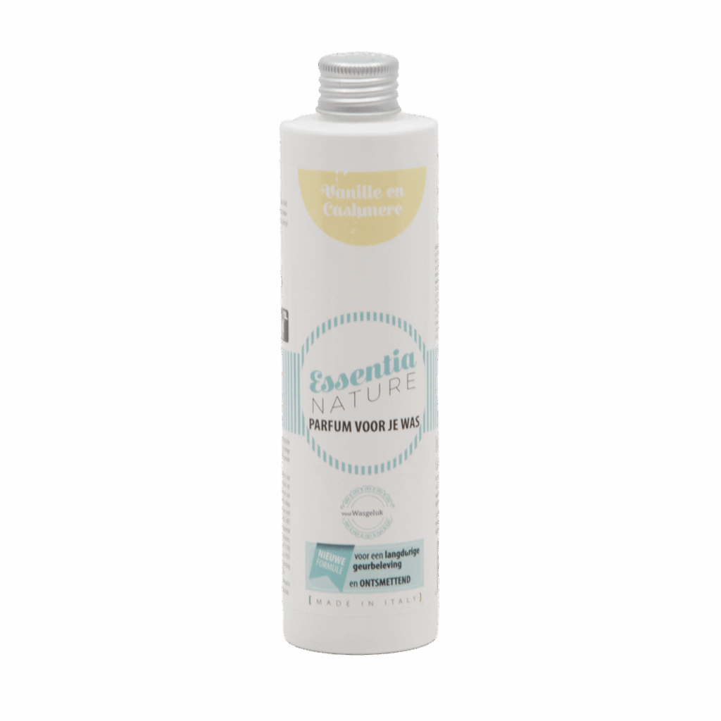 Essentia Wasparfum Vanille en Cashmere heeft een zilveren dop en lichtblauwe accenten en is herkenbaar als een luxe wasparfum.
