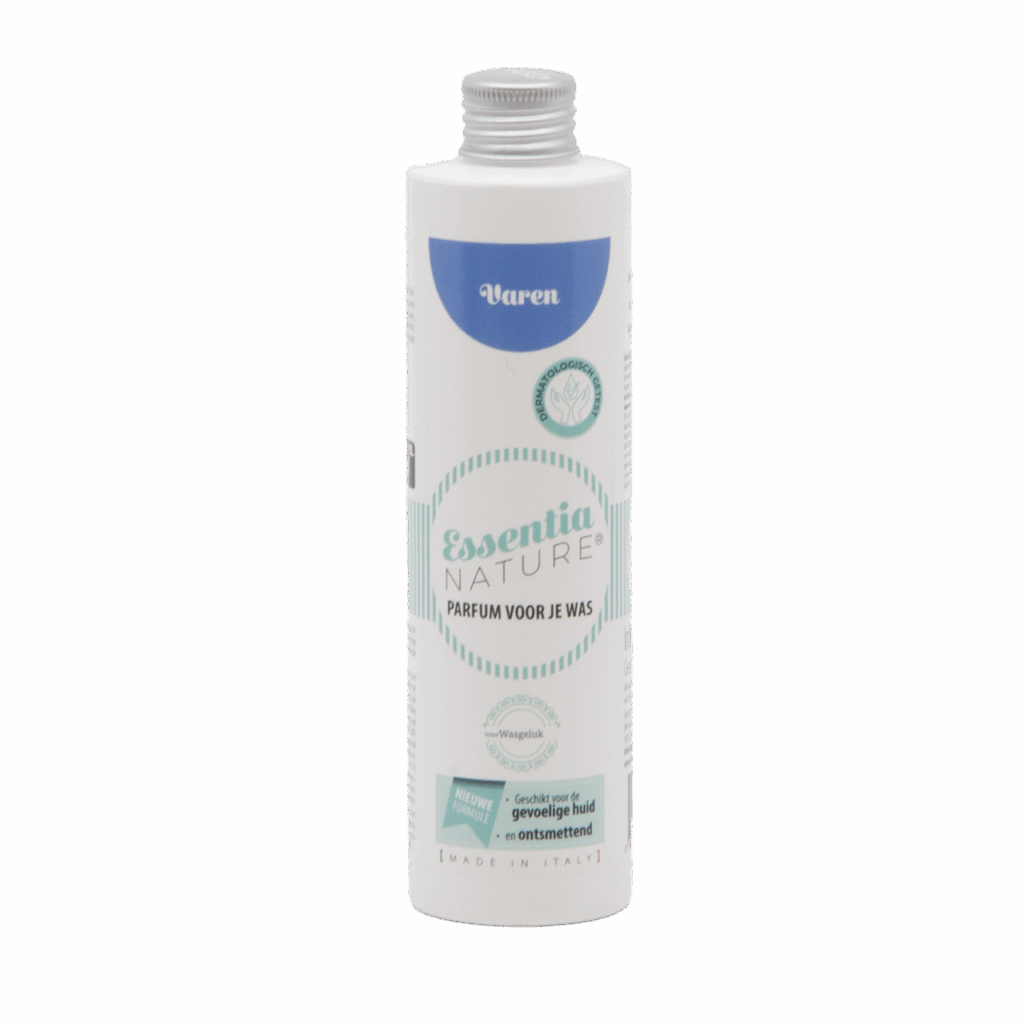 De Essentia Wasparfum Varen 250 ml wordt geleverd in een witte fles met een blauw etiket en een zilverkleurige dop en is geschikt voor de gevoelige huid.
