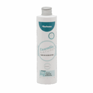 De Essentia Waspafurm Verbena wasparfum in een witte fles van 250 ml met blauwgroene accenten en Nederlandse tekst staat rechtop.
