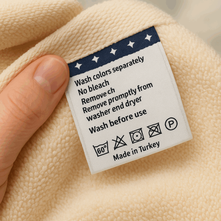 Een hand houdt een stuk beige stof vast met een waslabel waarop wasadviezen voor handdoeken en badjassen staan, inclusief wasvoorschriften.