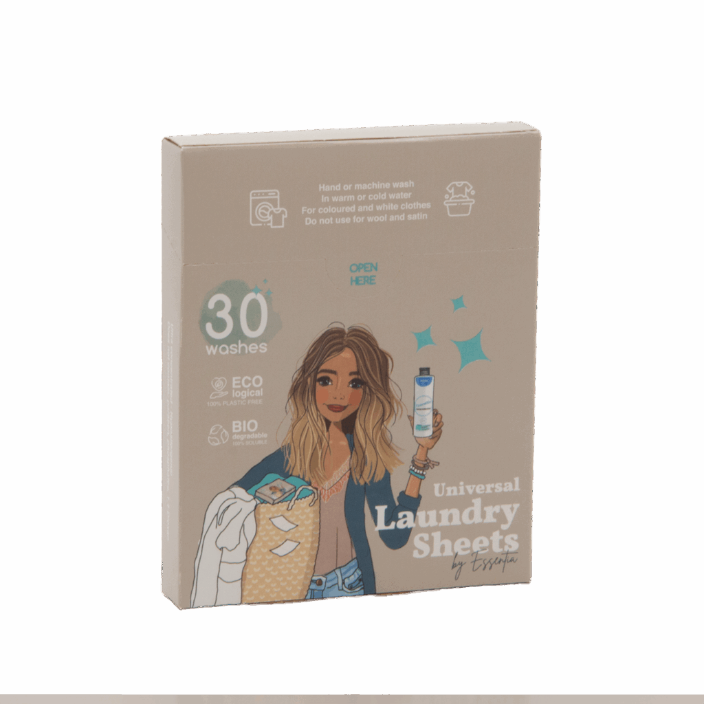 Essentia Wasstrips, vijftien vellen in een beige doos met een afbeelding van een vrouw die het product en een geweven tas vasthoudt. De verpakking benadrukt de milieuvriendelijkheid en biologische eigenschappen, terwijl bovenop gebruiksaanwijzingen en symbolen te zien zijn.