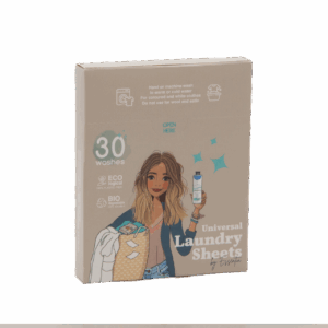 Essentia Wasstrips, vijftien vellen in een beige doos met een afbeelding van een vrouw die het product en een geweven tas vasthoudt. De verpakking benadrukt de milieuvriendelijkheid en biologische eigenschappen, terwijl bovenop gebruiksaanwijzingen en symbolen te zien zijn.