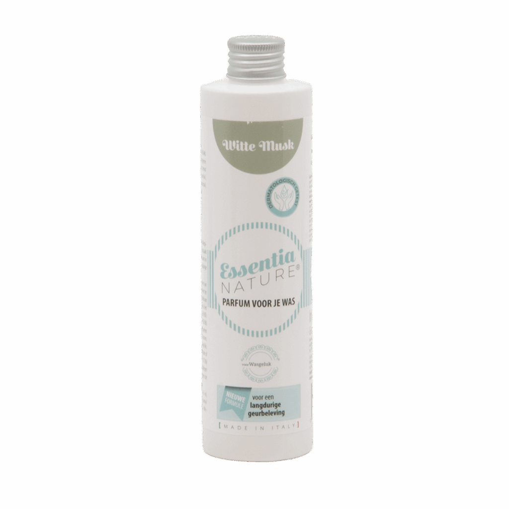 De fles Essentia Wasparfum Witte Musk heeft frisse accenten in blauwgroen en grijs, Nederlandse tekst en de tekst 'White Musk' op de dop.