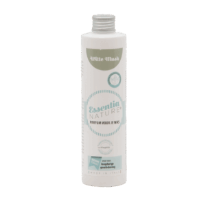 De fles Essentia Wasparfum Witte Musk heeft frisse accenten in blauwgroen en grijs, Nederlandse tekst en de tekst 'White Musk' op de dop.