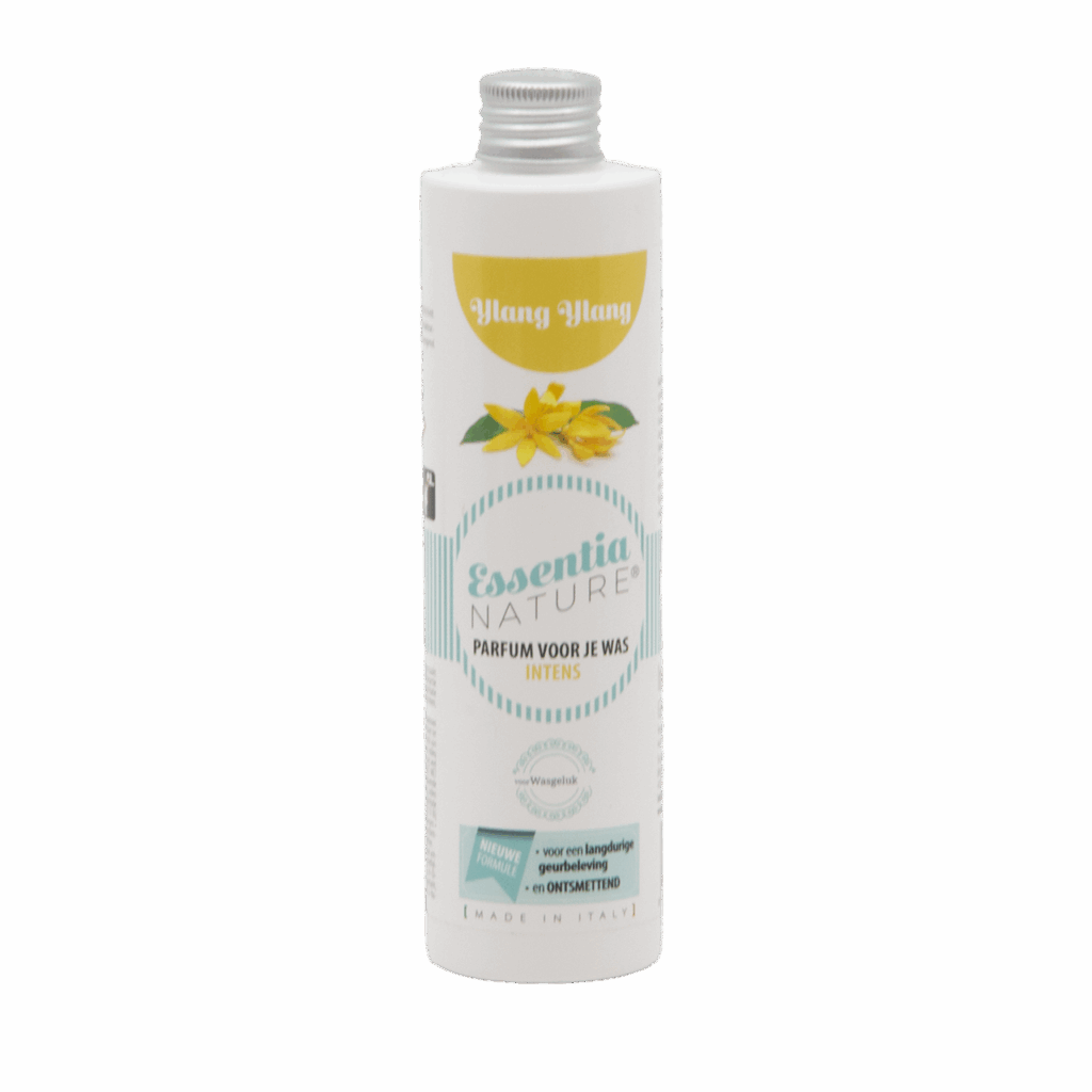 Essentia Wasparfum Ylang Ylang wasparfum in een flesje met zilveren dop, een geel bloemmotief en Nederlandse tekst.