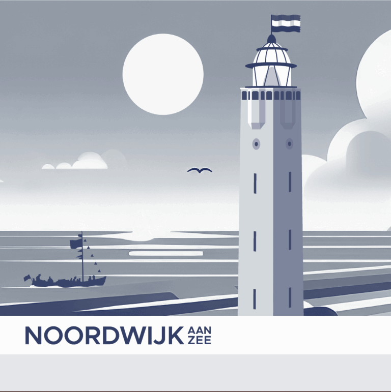 Deze unieke illustratie van de vuurtoren van Noordwijk aan Zee, met de Nederlandse vlag, een zeilschip en de zon, is ideaal voor zakelijke bestellingen.