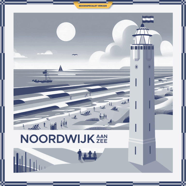 Gestileerde illustratie van het strand van Noordwijk aan Zee met vuurtoren, mensen, golven en een boot, ideaal voor zakelijke bestellingen als kantoordecoratie.