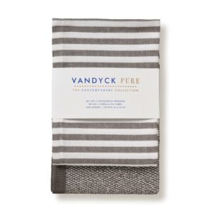 De Vandyck Pure Keukenset Espresso-keukendoeken in grijs met witte strepen zijn opgevouwen en voorzien van een stijlvol papieren bandje met de tekst Vandyck Pure The Contemporary Collection.