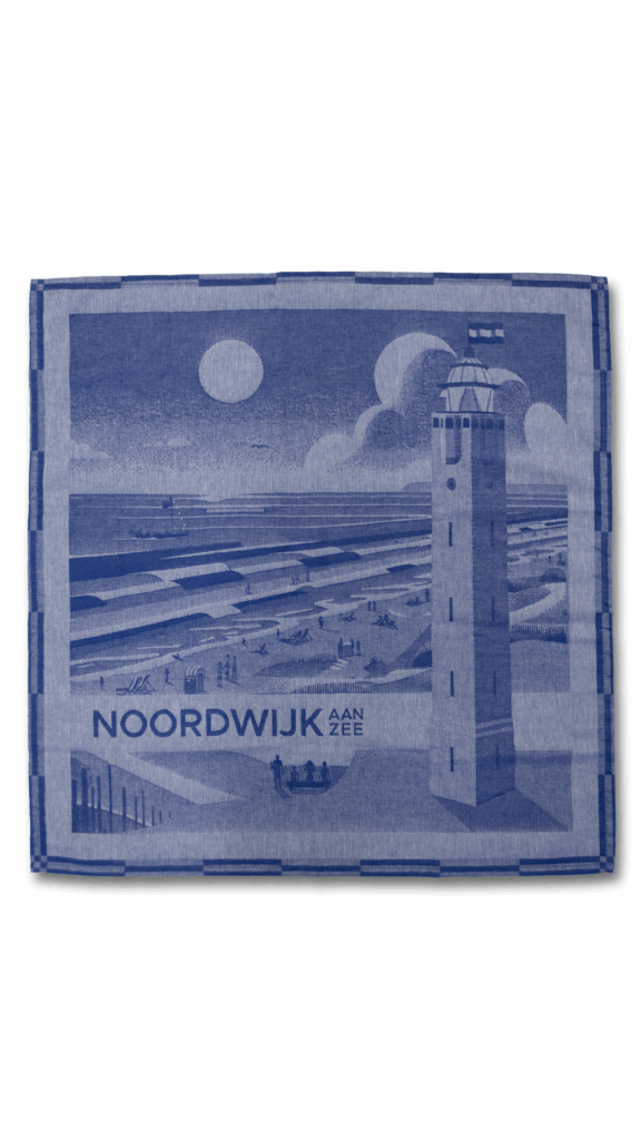 Deze illustratie in blauwtinten op de keukenset Noordwijk aan Zee toont de vuurtoren, golven, wolken en een grote zon met onderaan het opschrift NOORDWIJK AAN ZEE.