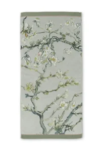 De Van Gogh Blossom-handdoekenset bestaat uit drie groene handdoeken met bloeiende takken, witte bloemen en een zachtblauwe tint.
