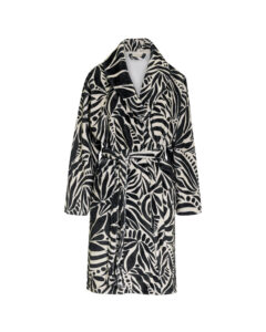 Badjas met zwart-wit bladprint en ceintuur, knielengte, zachte fleece stof